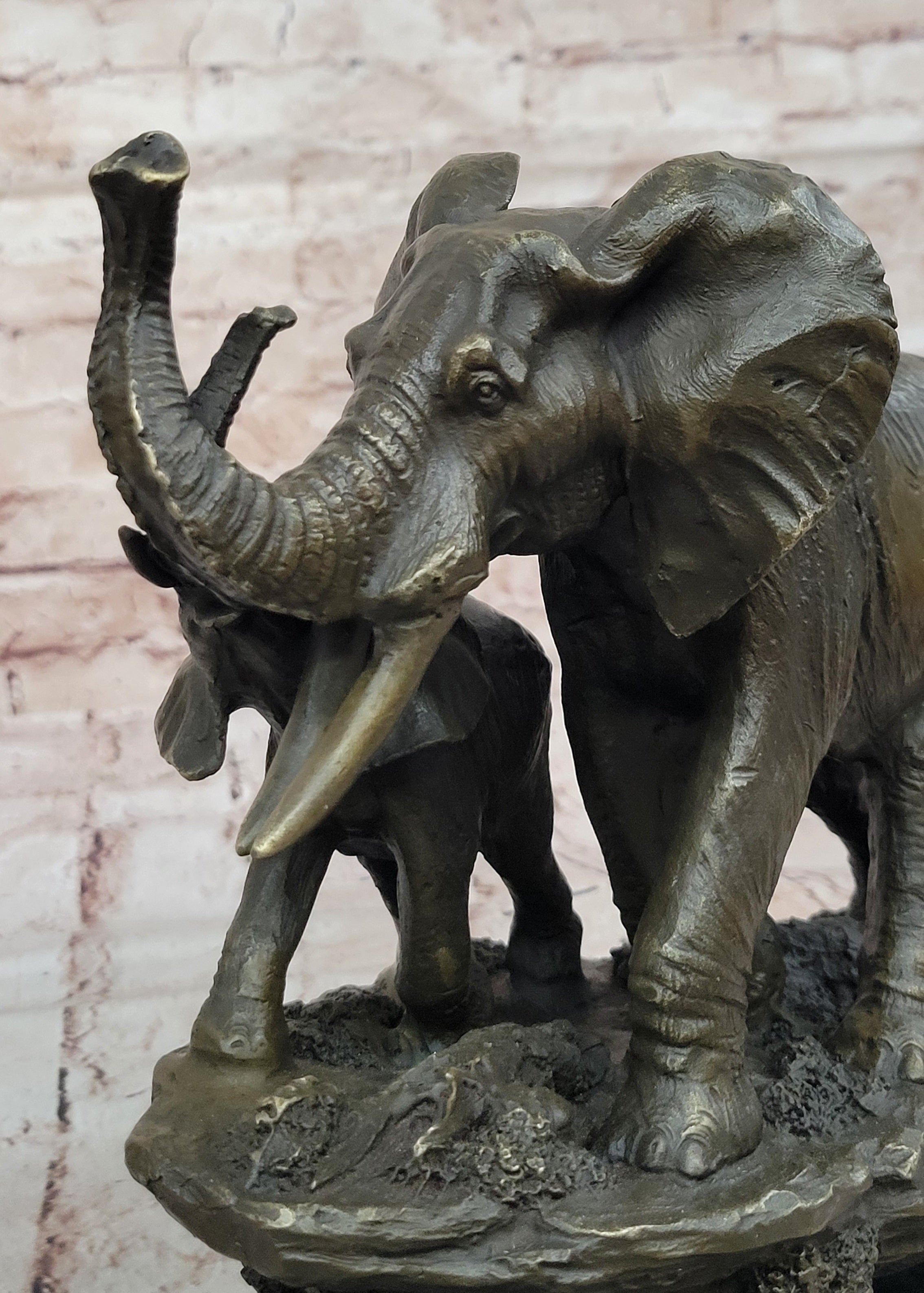 Bronze Elephant and Calf Sculpture on Marble Base by Barye