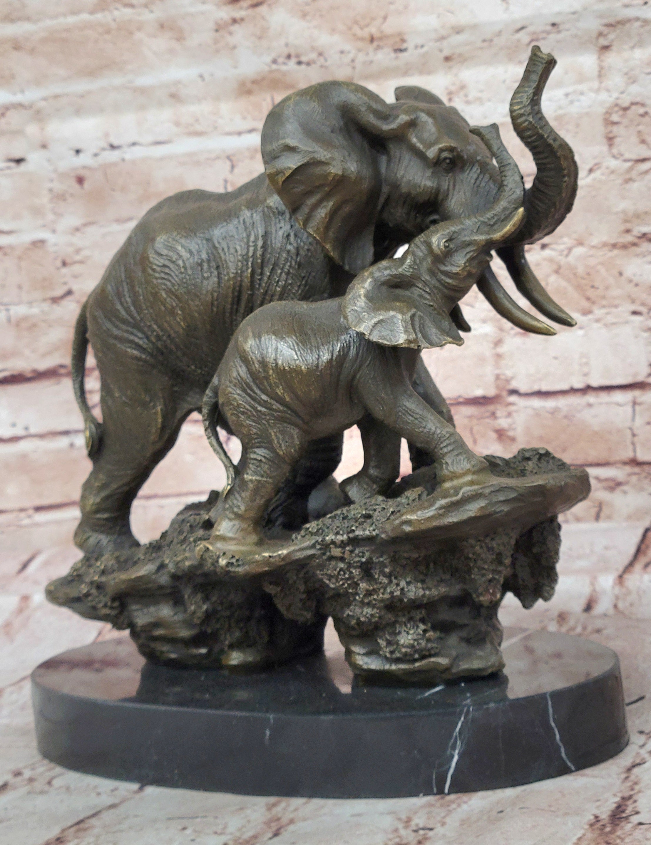 Bronze Elephant and Calf Sculpture on Marble Base by Barye