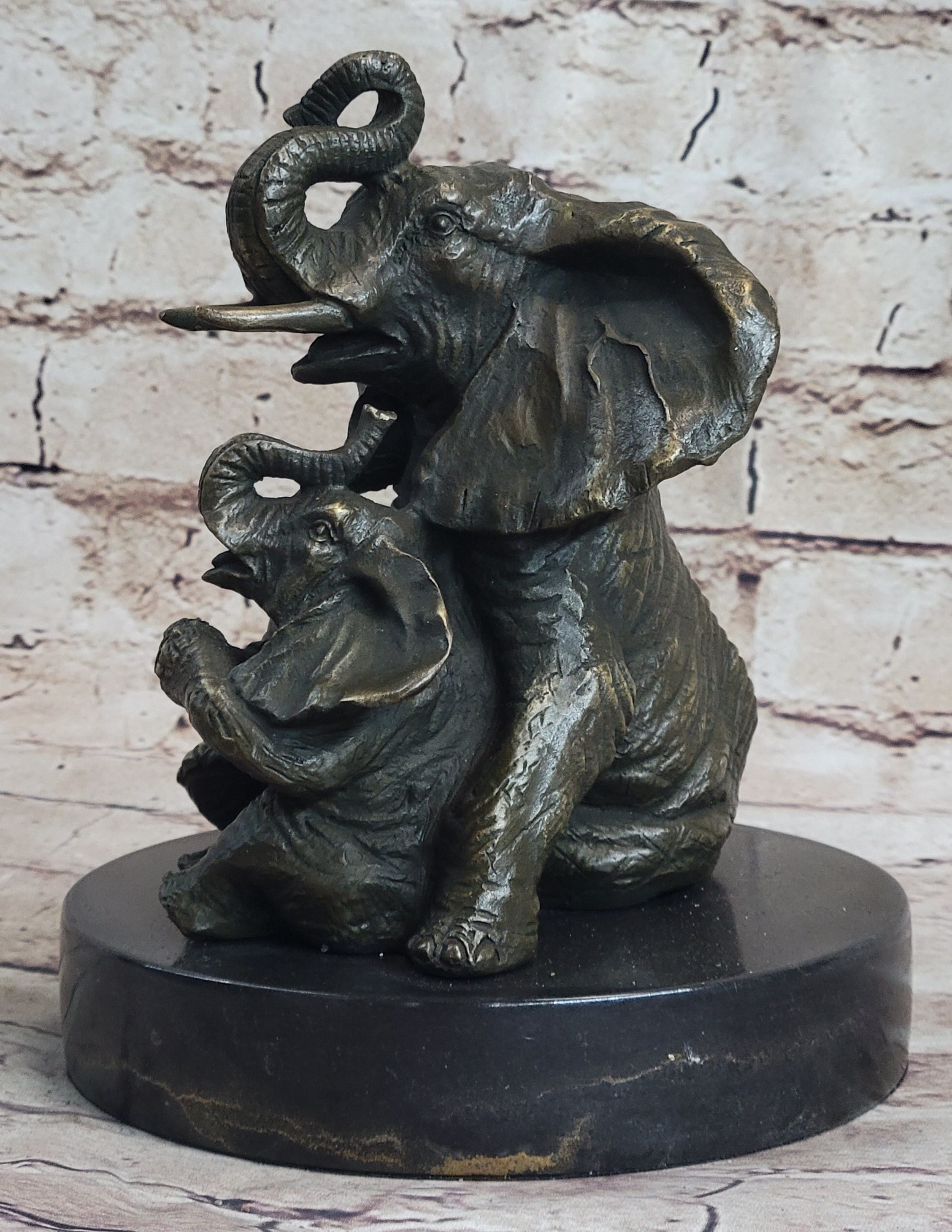 Bronze Sculpture Laughing Mother Elephant With Baby Calf