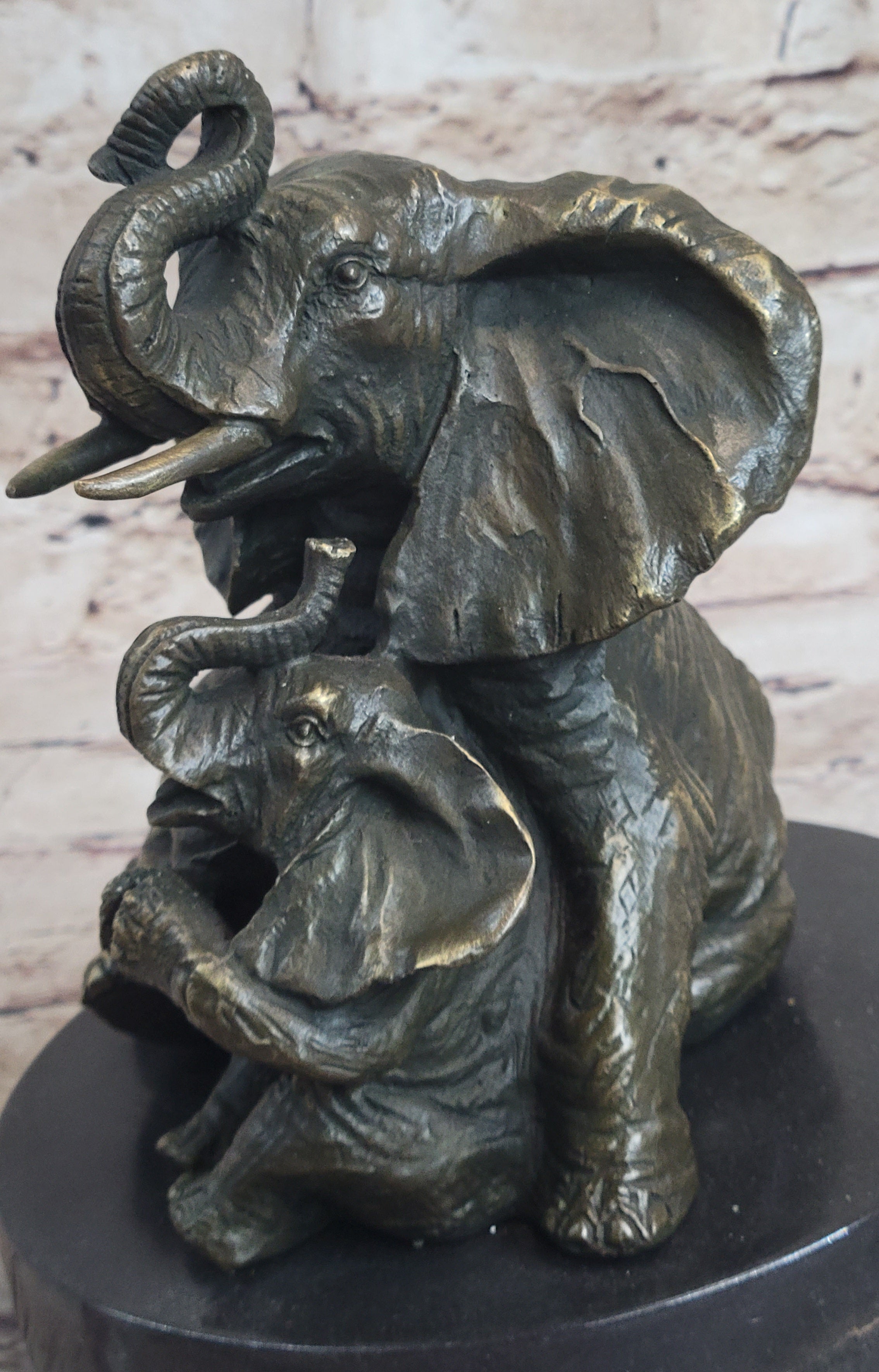 Bronze Sculpture Laughing Mother Elephant With Baby Calf