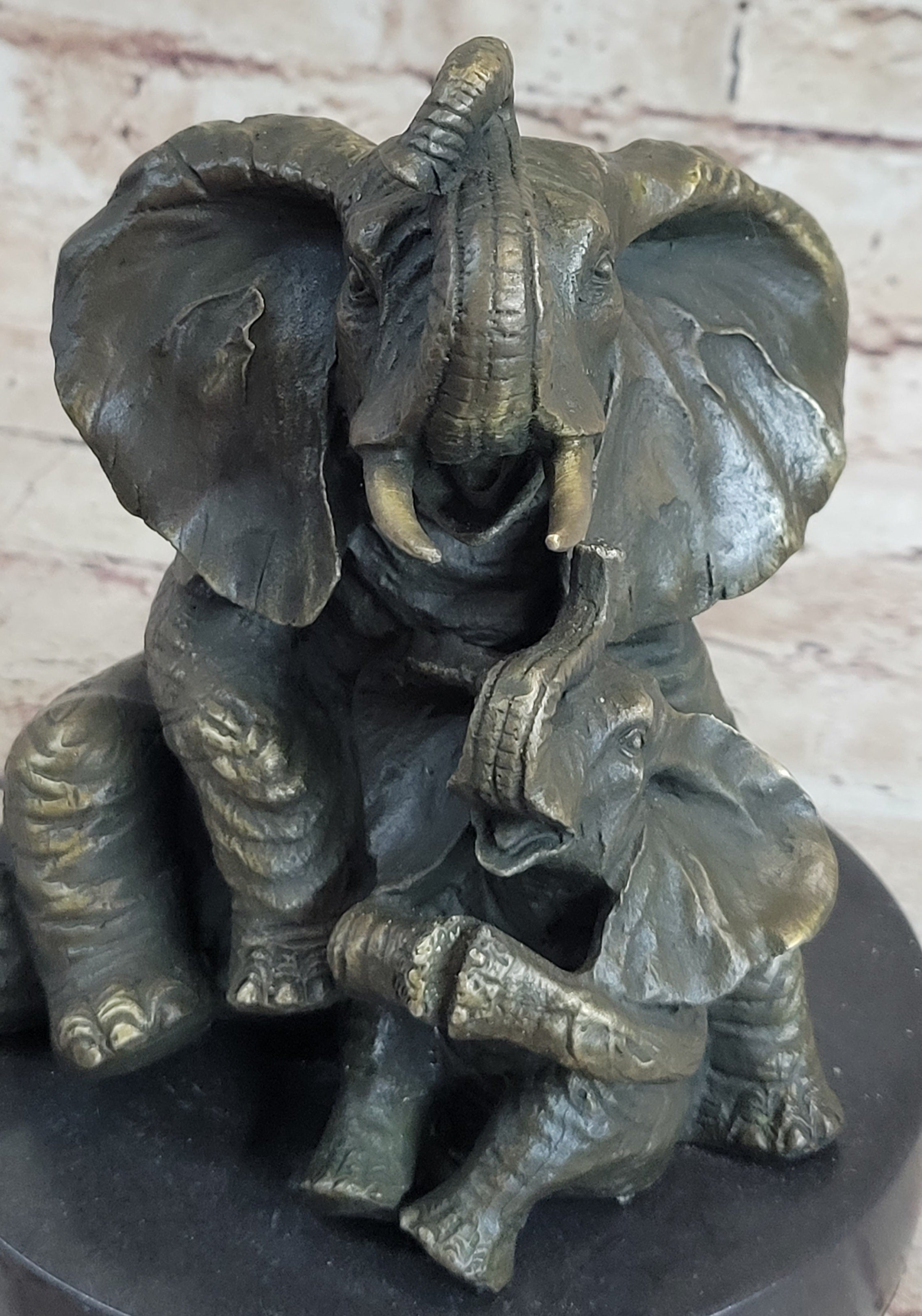 Bronze Sculpture Laughing Mother Elephant With Baby Calf