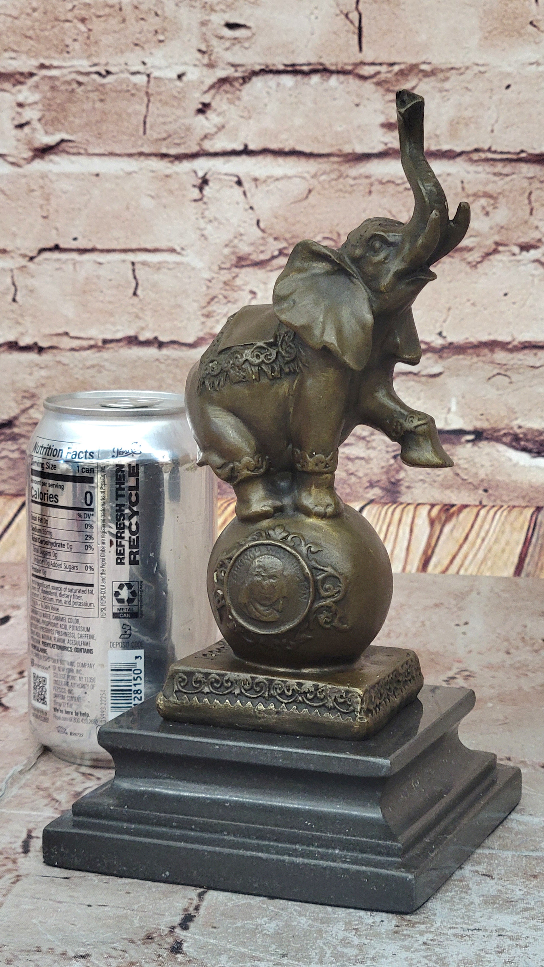 Elephant Balancing on Ball Bronze Sculpture on Marble Base