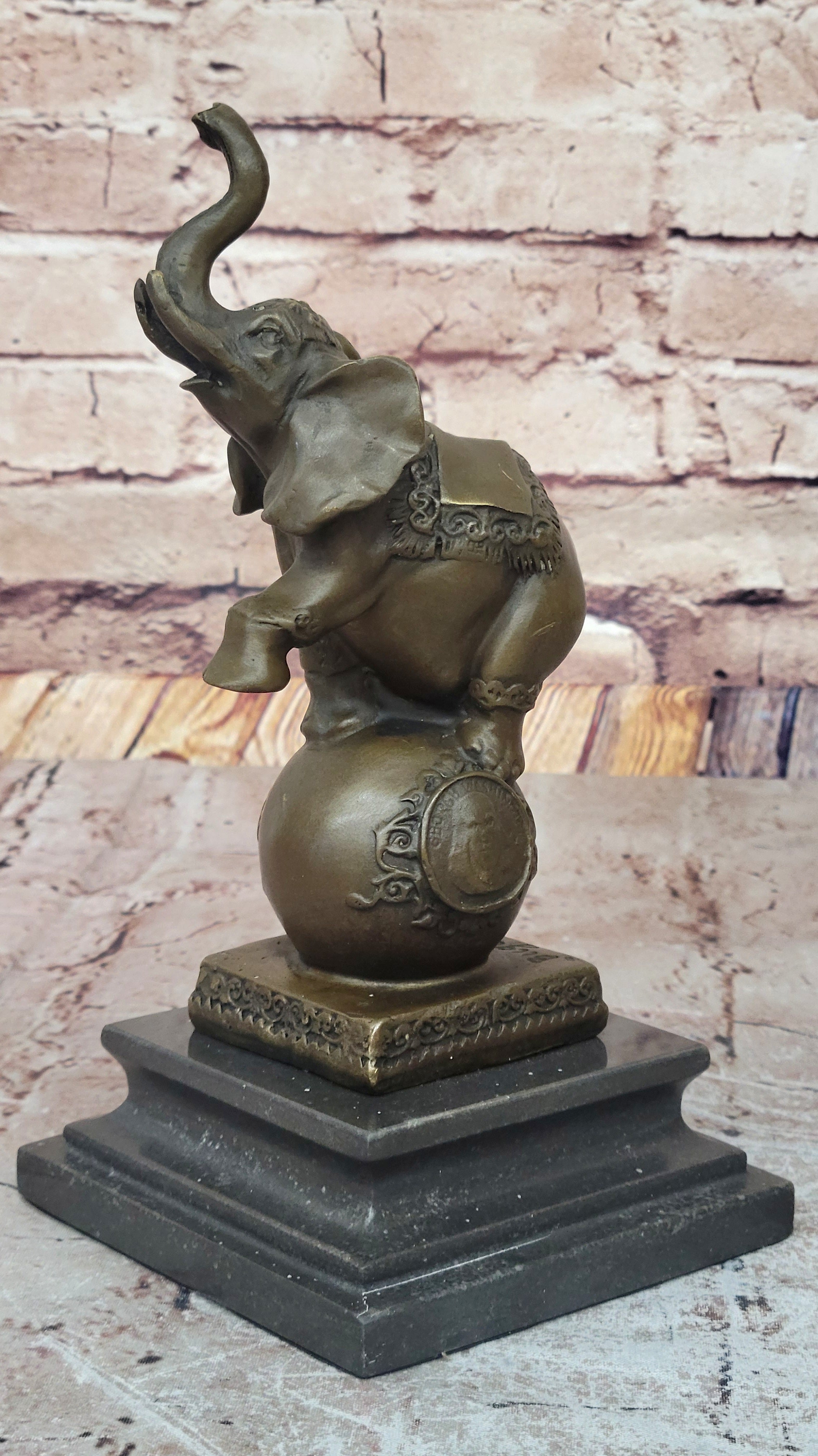 Elephant Balancing on Ball Bronze Sculpture on Marble Base