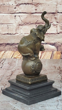 Elephant Balancing on Ball Bronze Sculpture on Marble Base