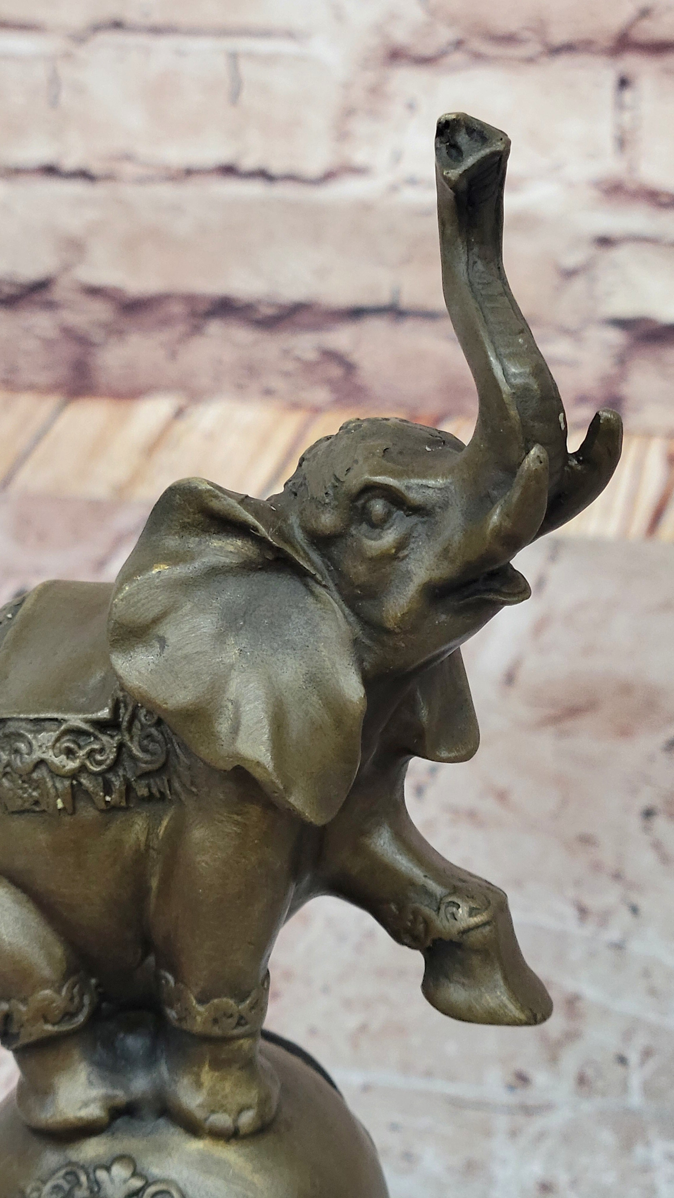 Elephant Balancing on Ball Bronze Sculpture on Marble Base
