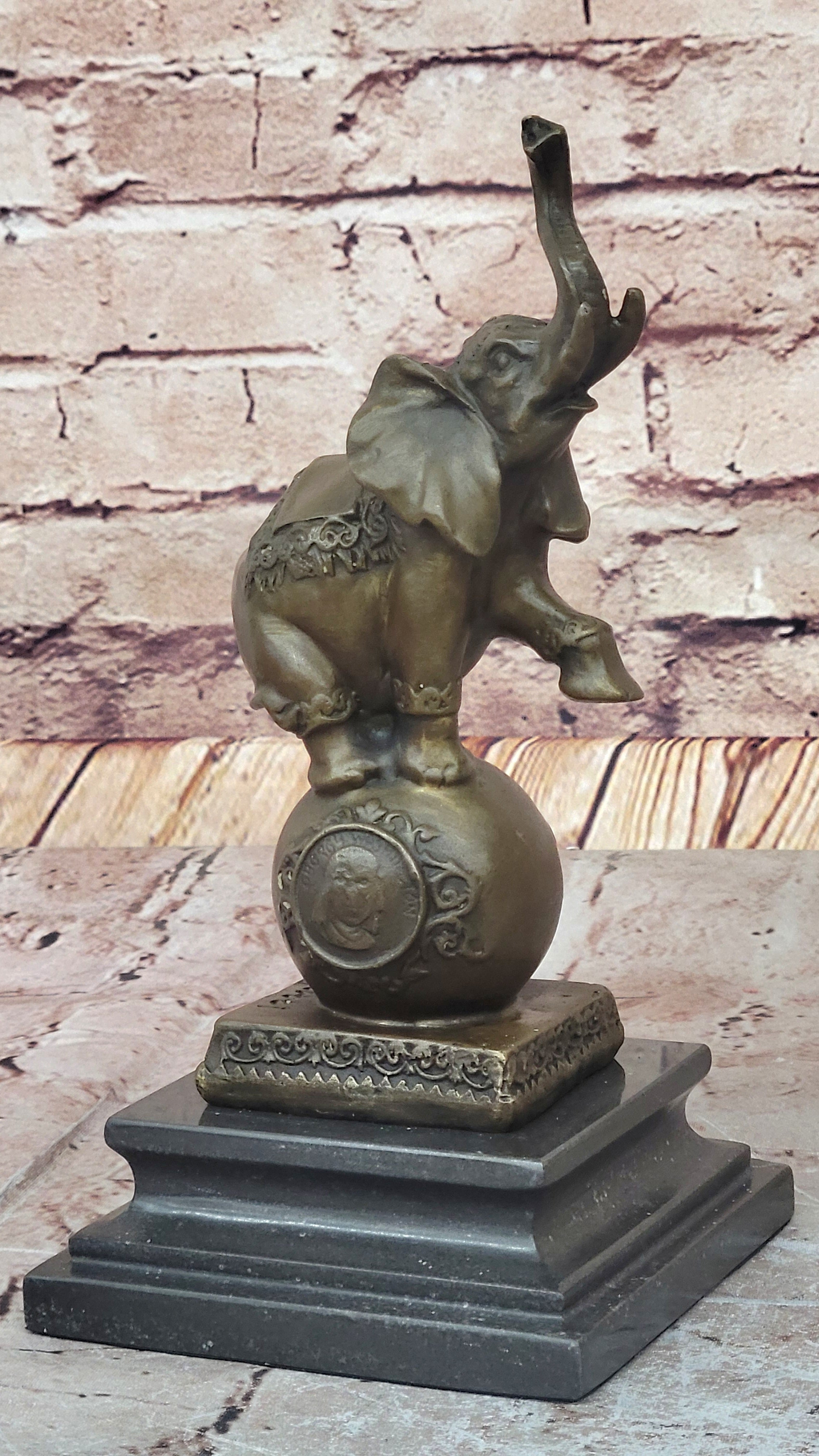 Elephant Balancing on Ball Bronze Sculpture on Marble Base