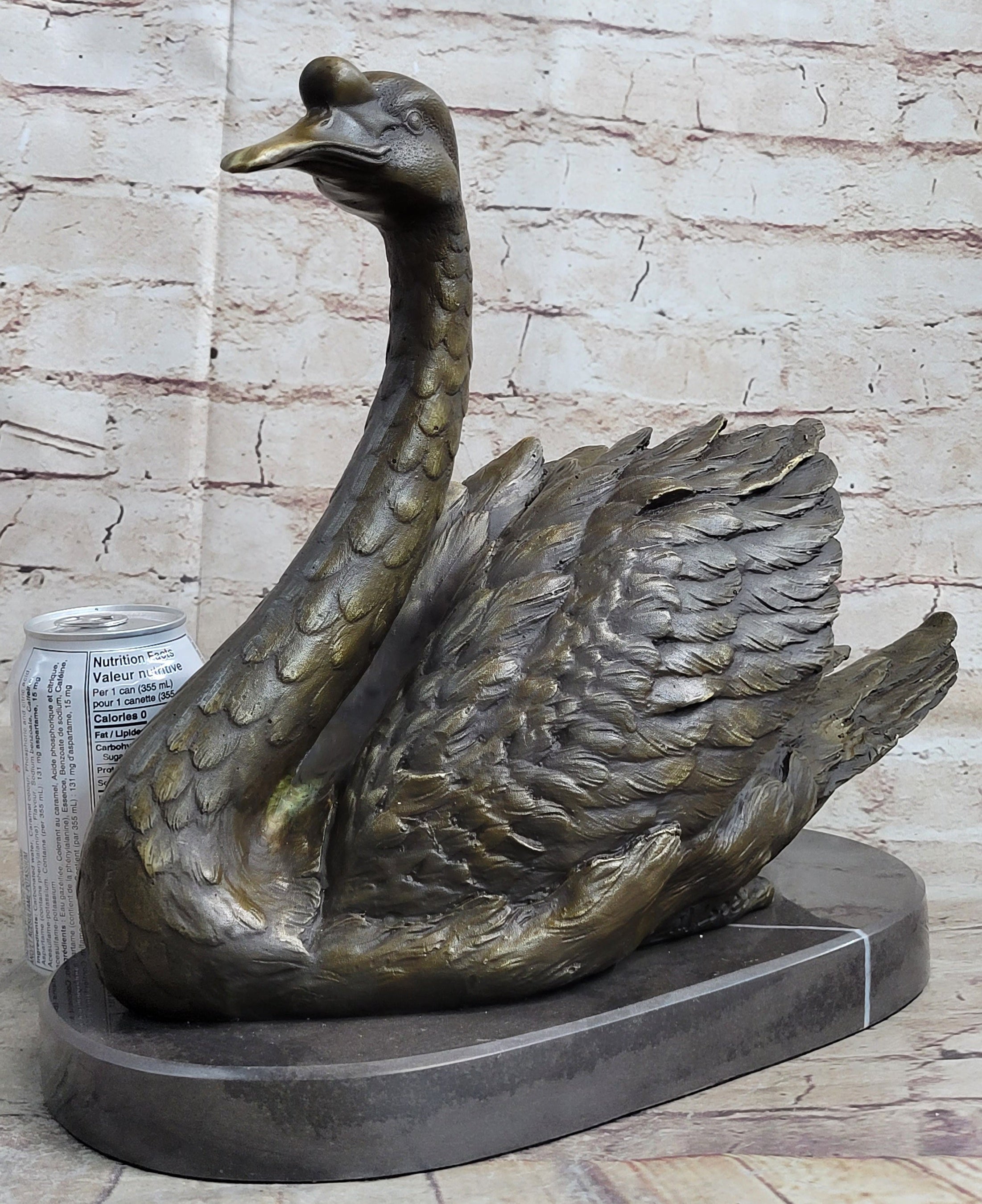 Bronze Metal Swan Bird Sculpture on Marble Base Signed