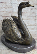 Bronze Metal Swan Bird Sculpture on Marble Base Signed