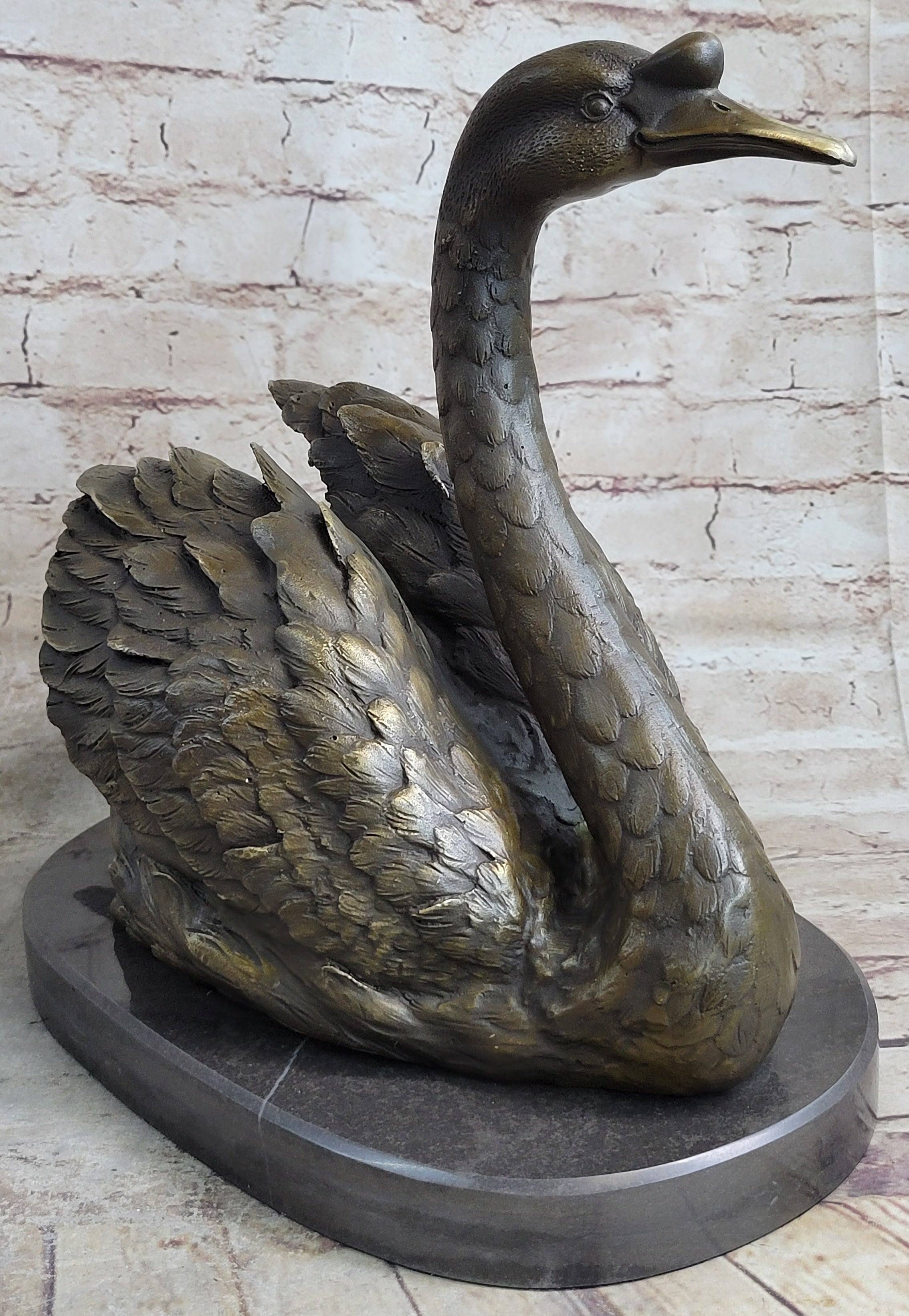 Bronze Metal Swan Bird Sculpture on Marble Base Signed