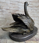 Bronze Metal Swan Bird Sculpture on Marble Base Signed