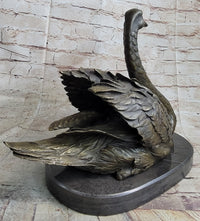 Bronze Metal Swan Bird Sculpture on Marble Base Signed