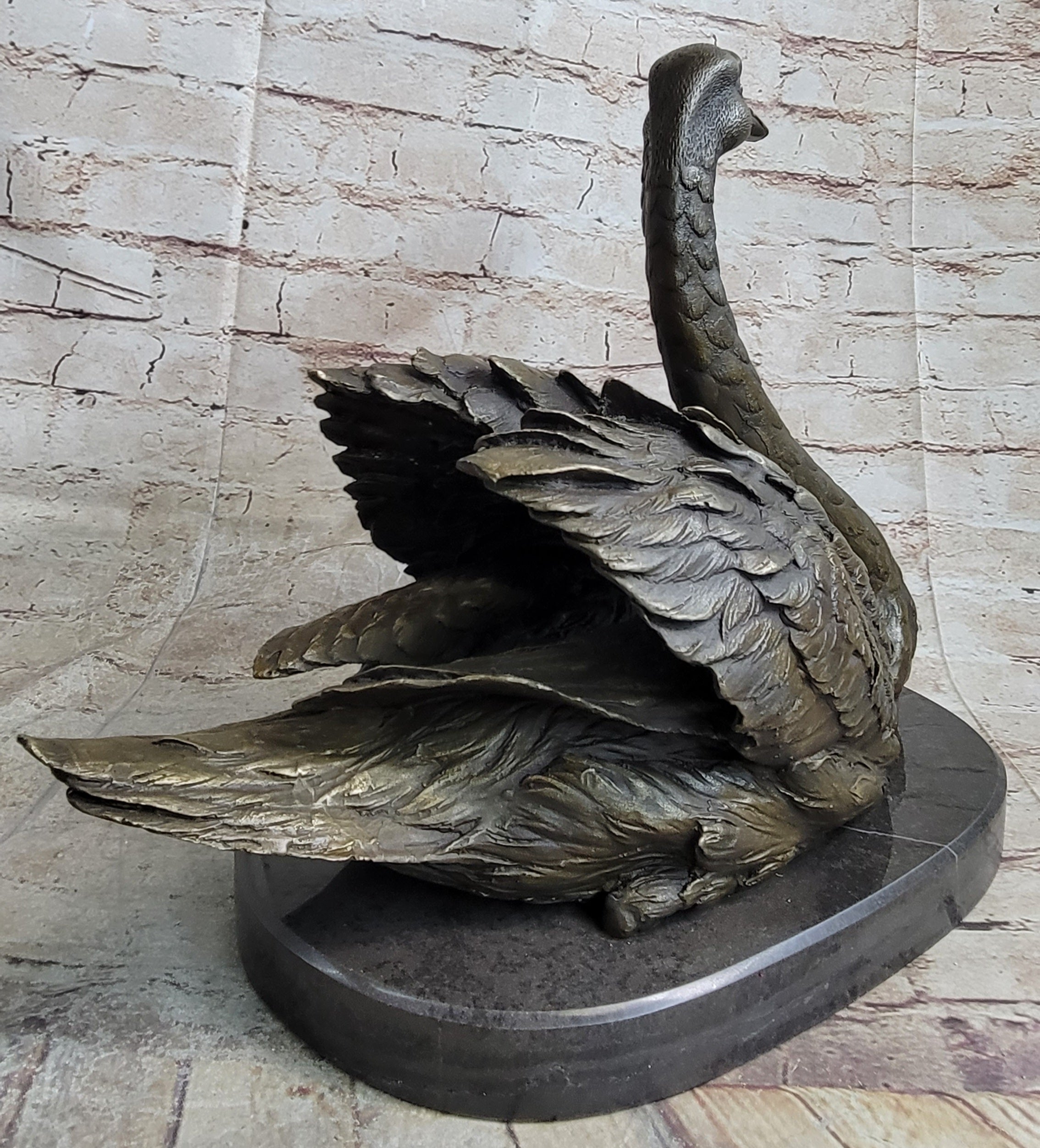 Bronze Metal Swan Bird Sculpture on Marble Base Signed