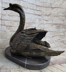 Bronze Metal Swan Bird Sculpture on Marble Base Signed