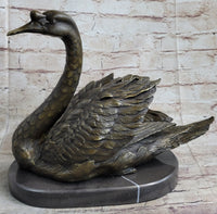 Bronze Metal Swan Bird Sculpture on Marble Base Signed