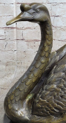 Bronze Metal Swan Bird Sculpture on Marble Base Signed