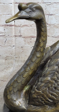 Bronze Metal Swan Bird Sculpture on Marble Base Signed