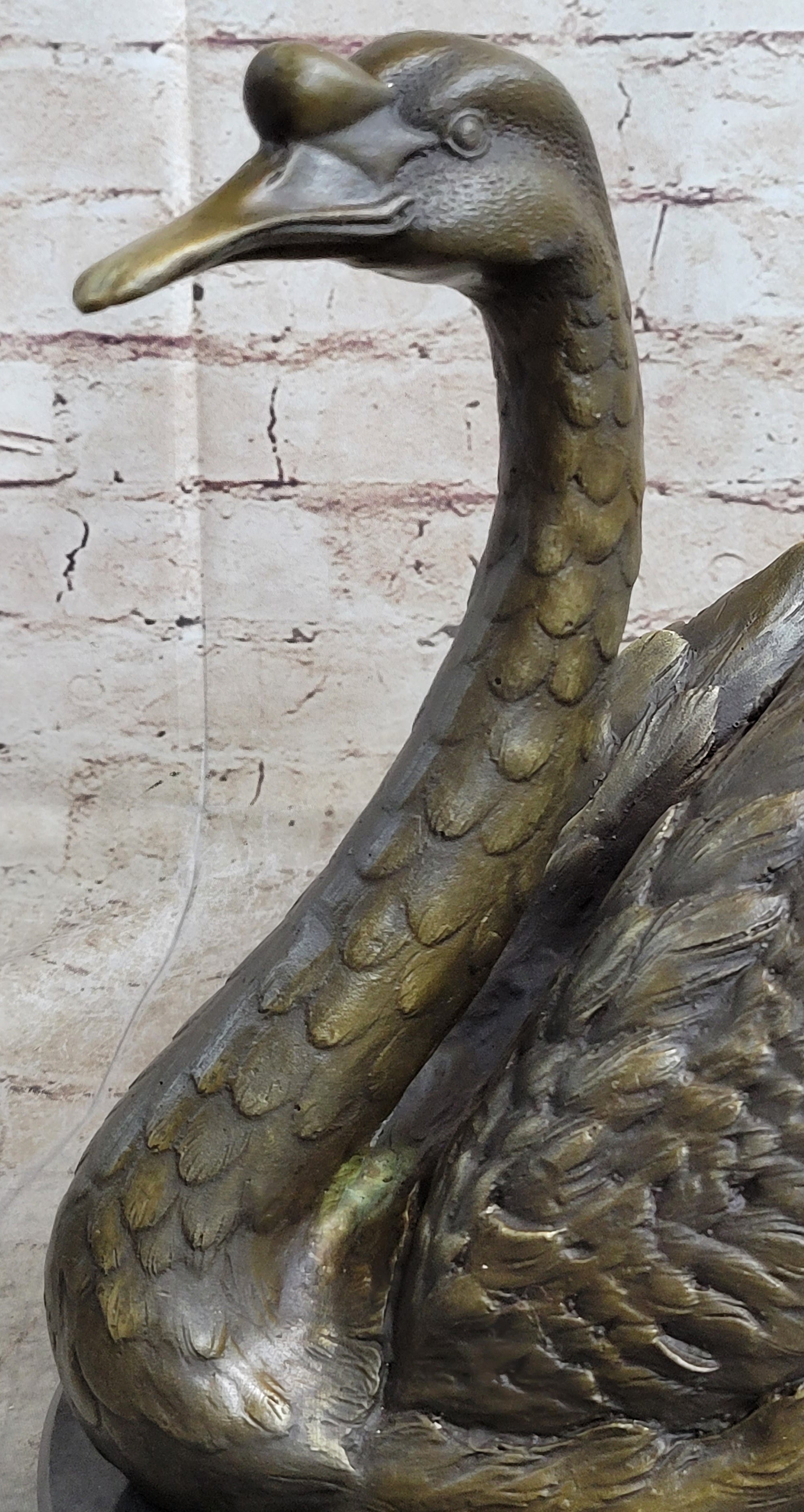 Bronze Metal Swan Bird Sculpture on Marble Base Signed