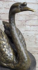 Bronze Metal Swan Bird Sculpture on Marble Base Signed
