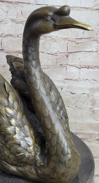 Bronze Metal Swan Bird Sculpture on Marble Base Signed