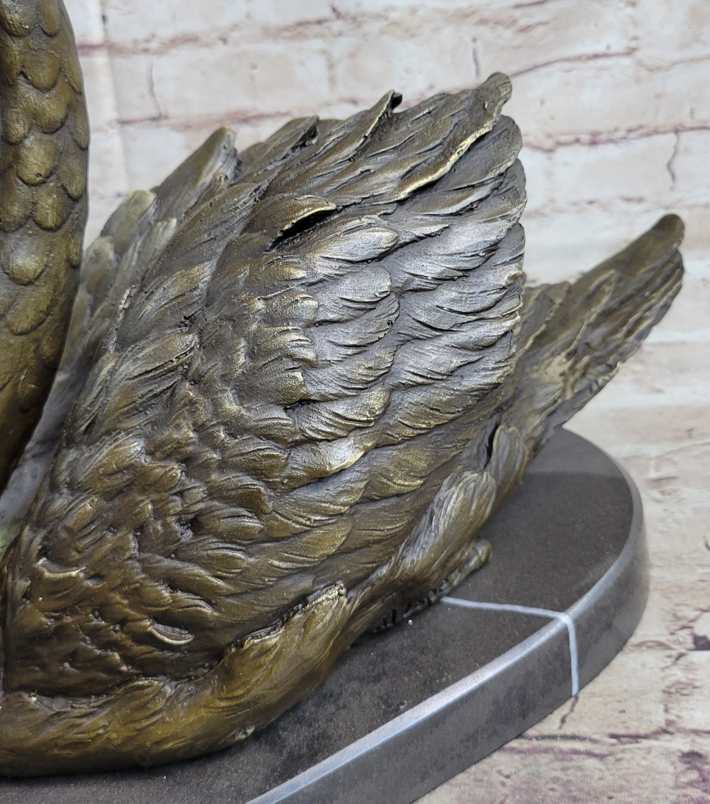 Bronze Metal Swan Bird Sculpture on Marble Base Signed
