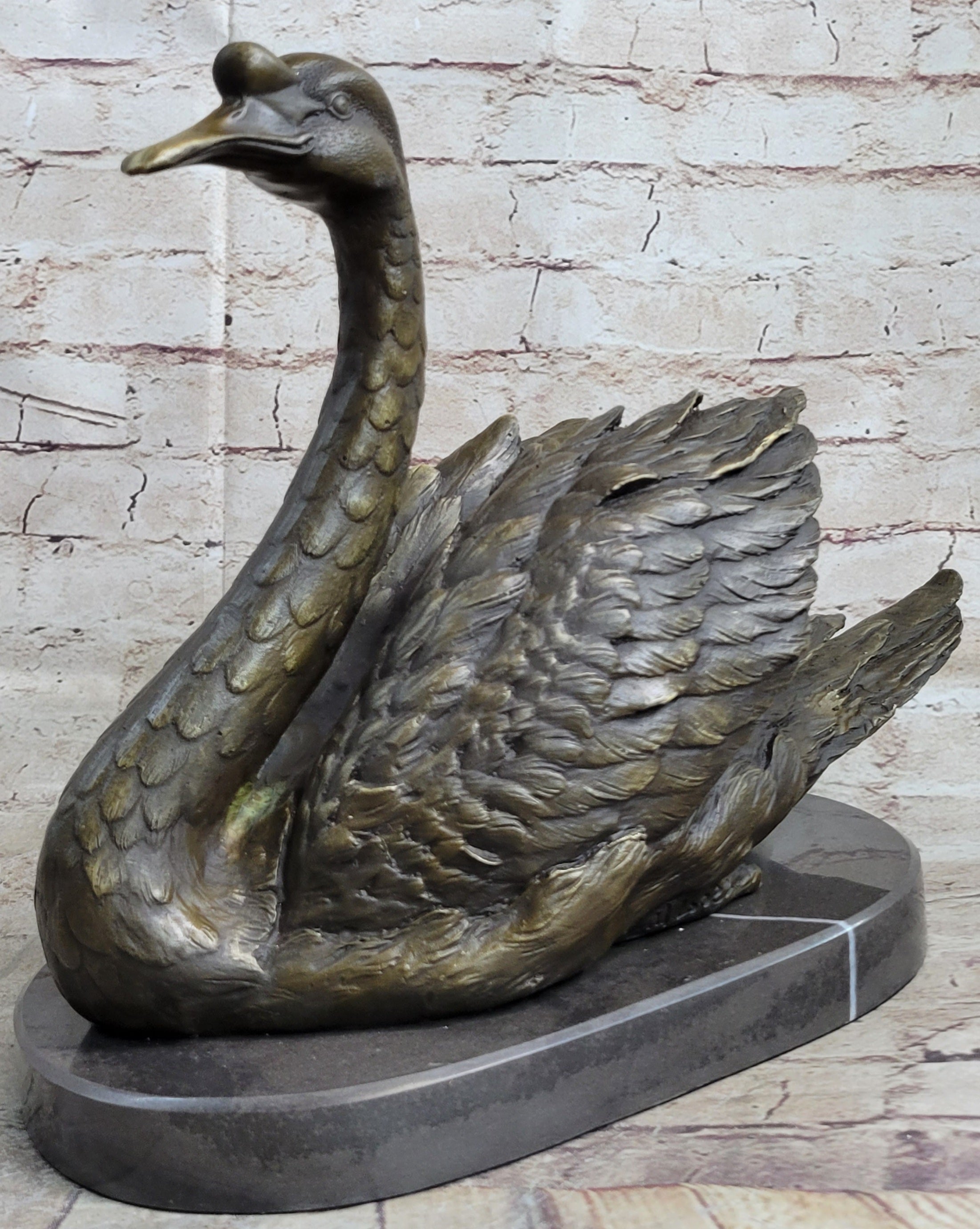 Bronze Metal Swan Bird Sculpture on Marble Base Signed