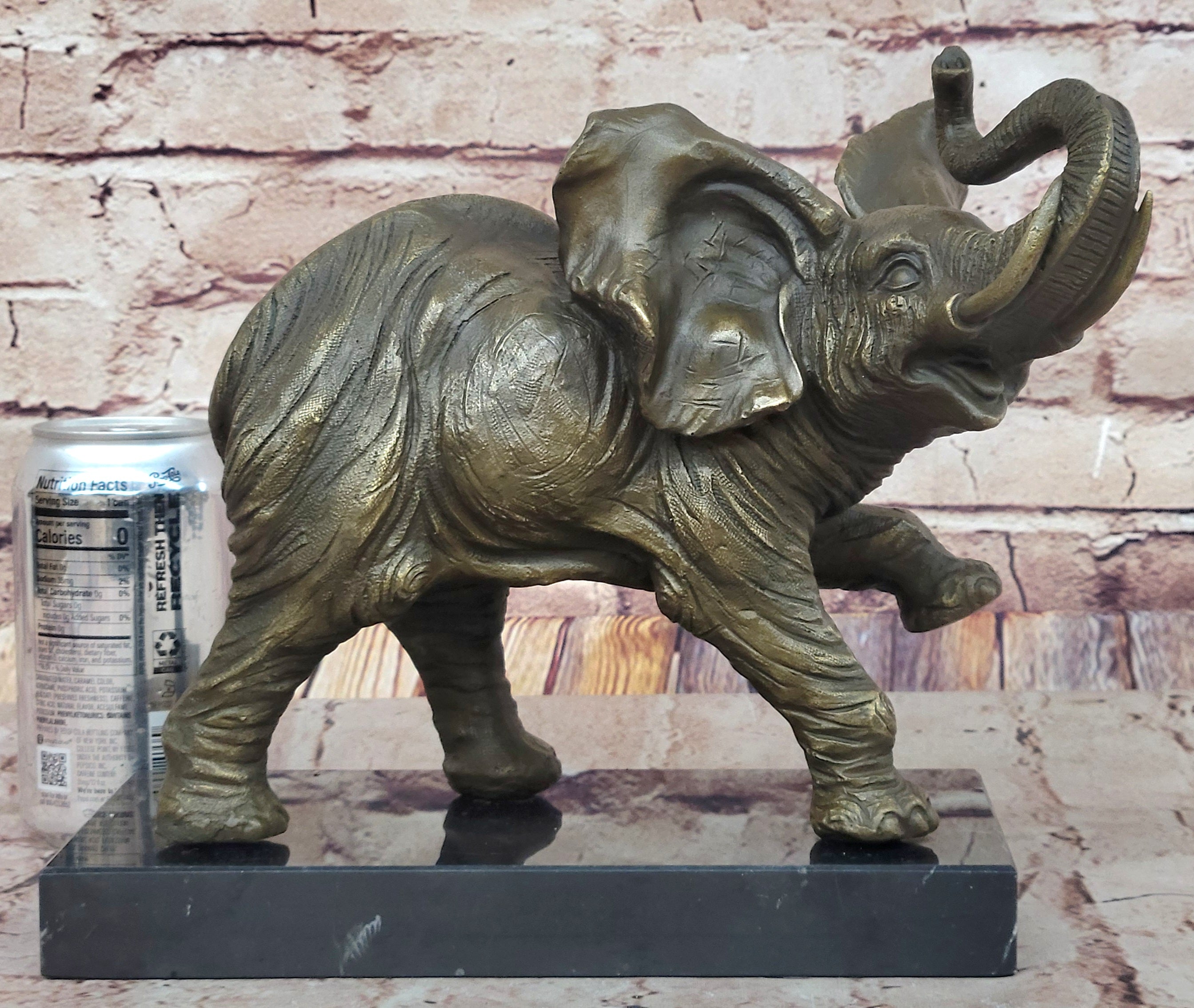 Bronze Elephant Sculpture with Trunk Raised on Marble Base
