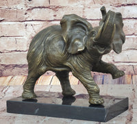Bronze Elephant Sculpture with Trunk Raised on Marble Base