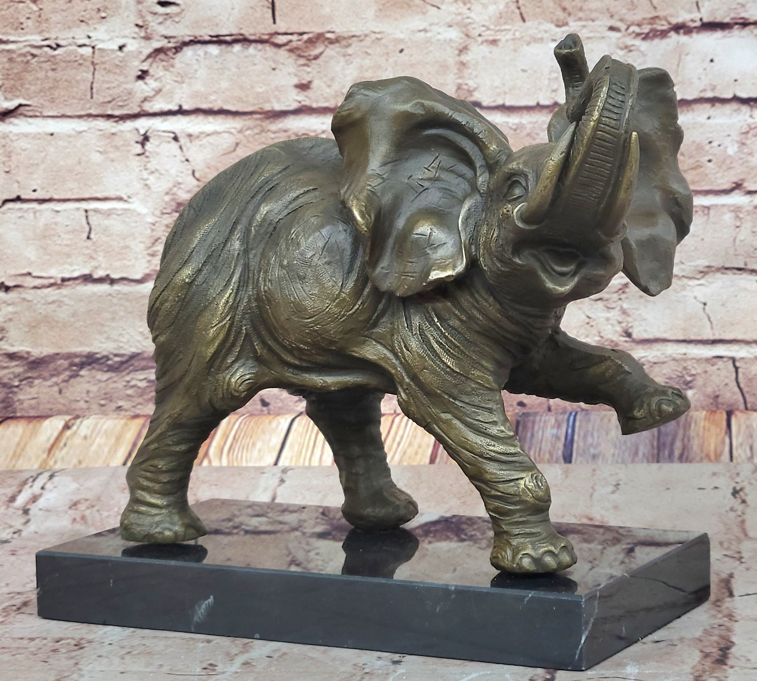 Bronze Elephant Sculpture with Trunk Raised on Marble Base