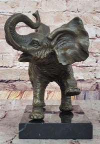Bronze Elephant Sculpture with Trunk Raised on Marble Base