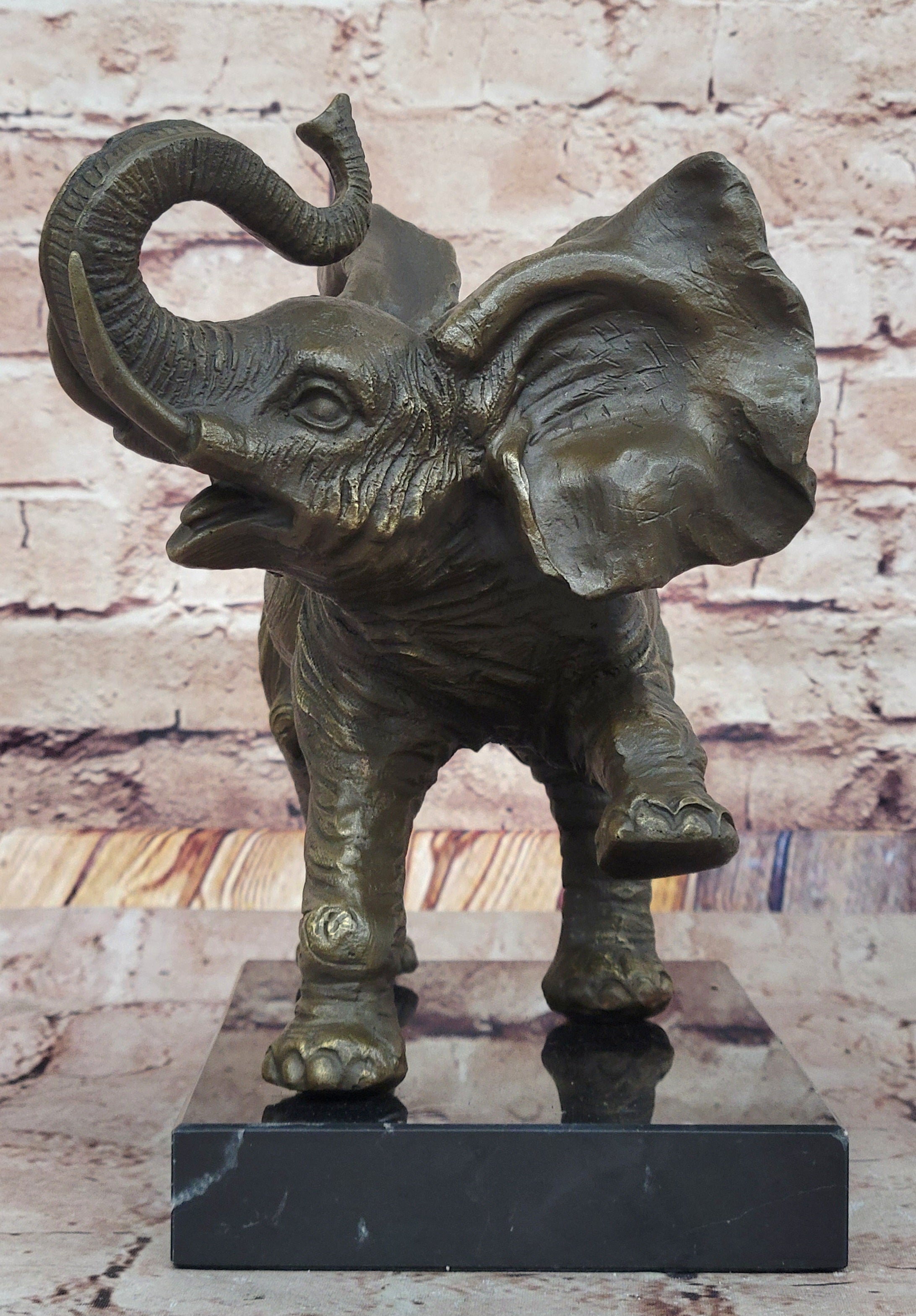 Bronze Elephant Sculpture with Trunk Raised on Marble Base