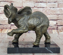 Bronze Elephant Sculpture with Trunk Raised on Marble Base