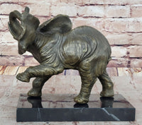 Bronze Elephant Sculpture with Trunk Raised on Marble Base
