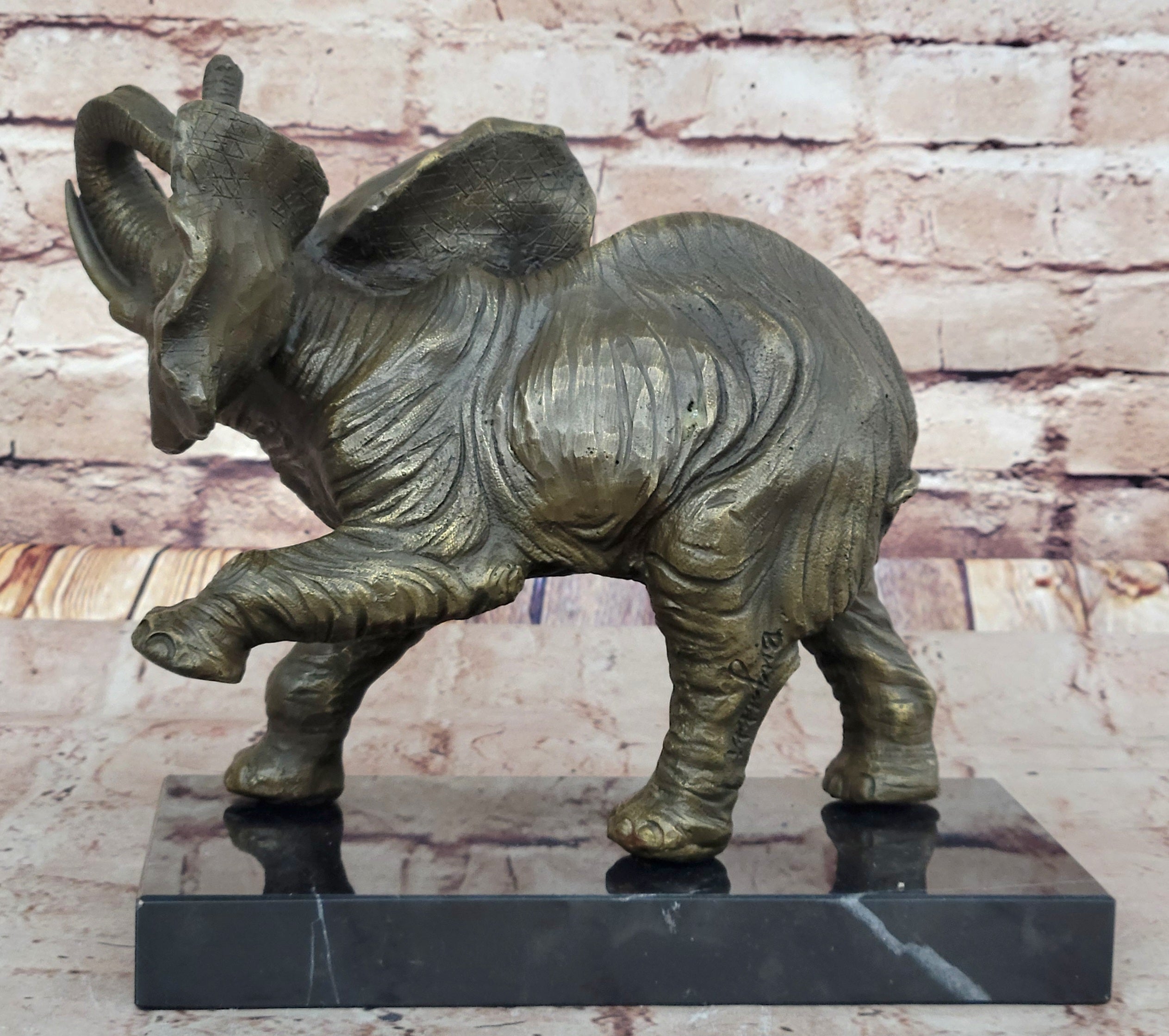 Bronze Elephant Sculpture with Trunk Raised on Marble Base