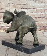 Bronze Elephant Sculpture with Trunk Raised on Marble Base
