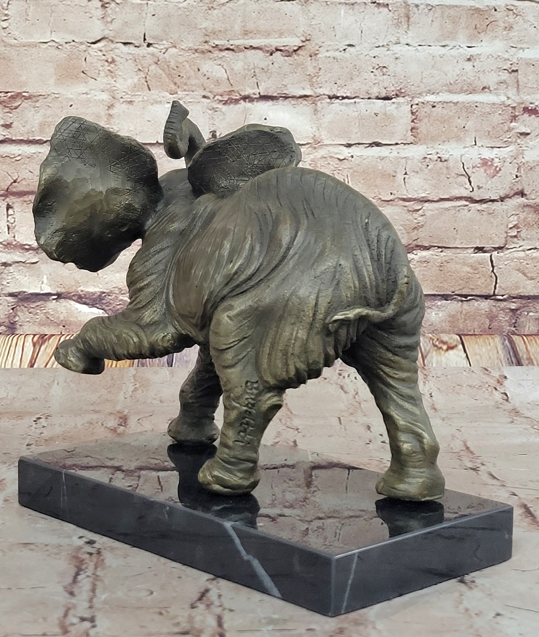 Bronze Elephant Sculpture with Trunk Raised on Marble Base