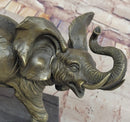 Bronze Elephant Sculpture with Trunk Raised on Marble Base