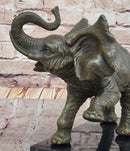Bronze Elephant Sculpture with Trunk Raised on Marble Base