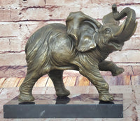 Bronze Elephant Sculpture with Trunk Raised on Marble Base