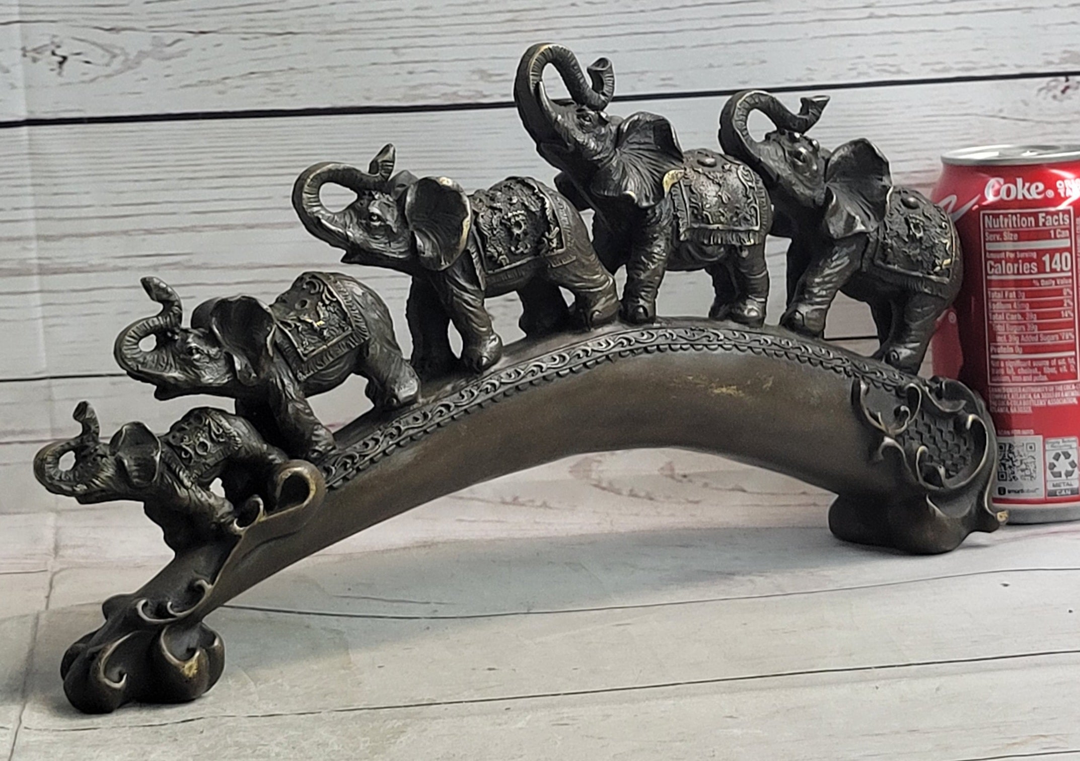 Pride of Elephants on Bridge Bronze Metal Sculpture