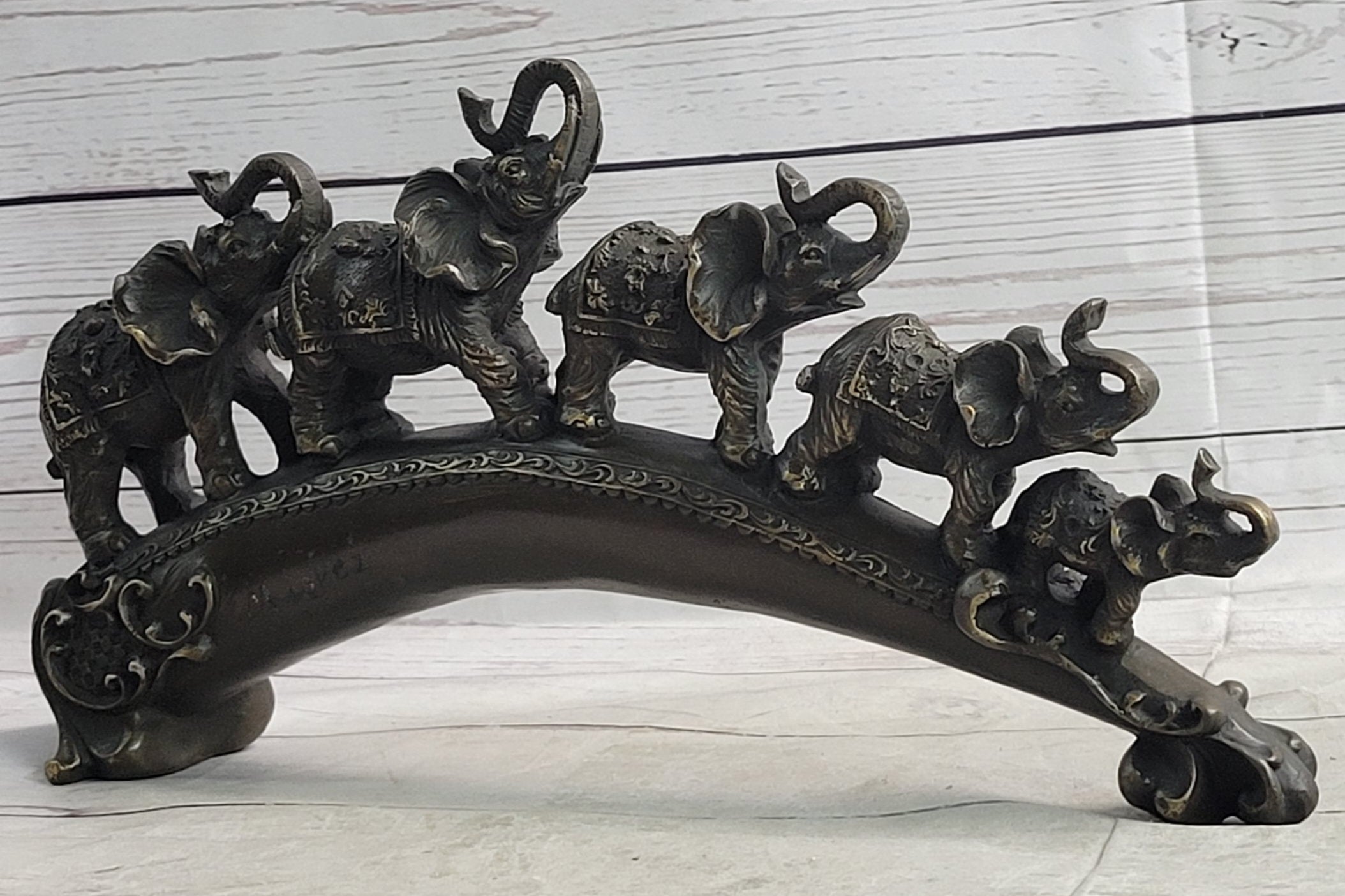 Pride of Elephants on Bridge Bronze Metal Sculpture