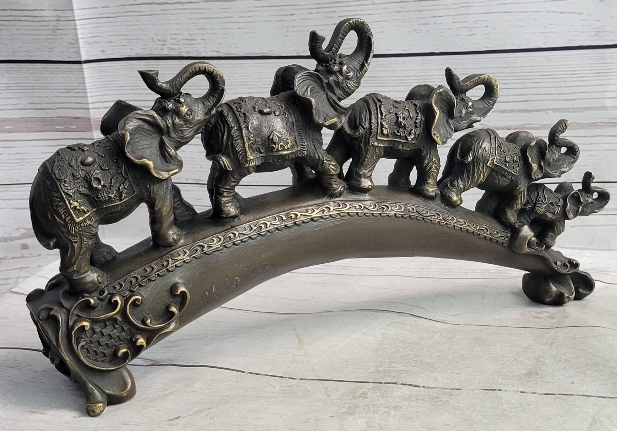 Pride of Elephants on Bridge Bronze Metal Sculpture