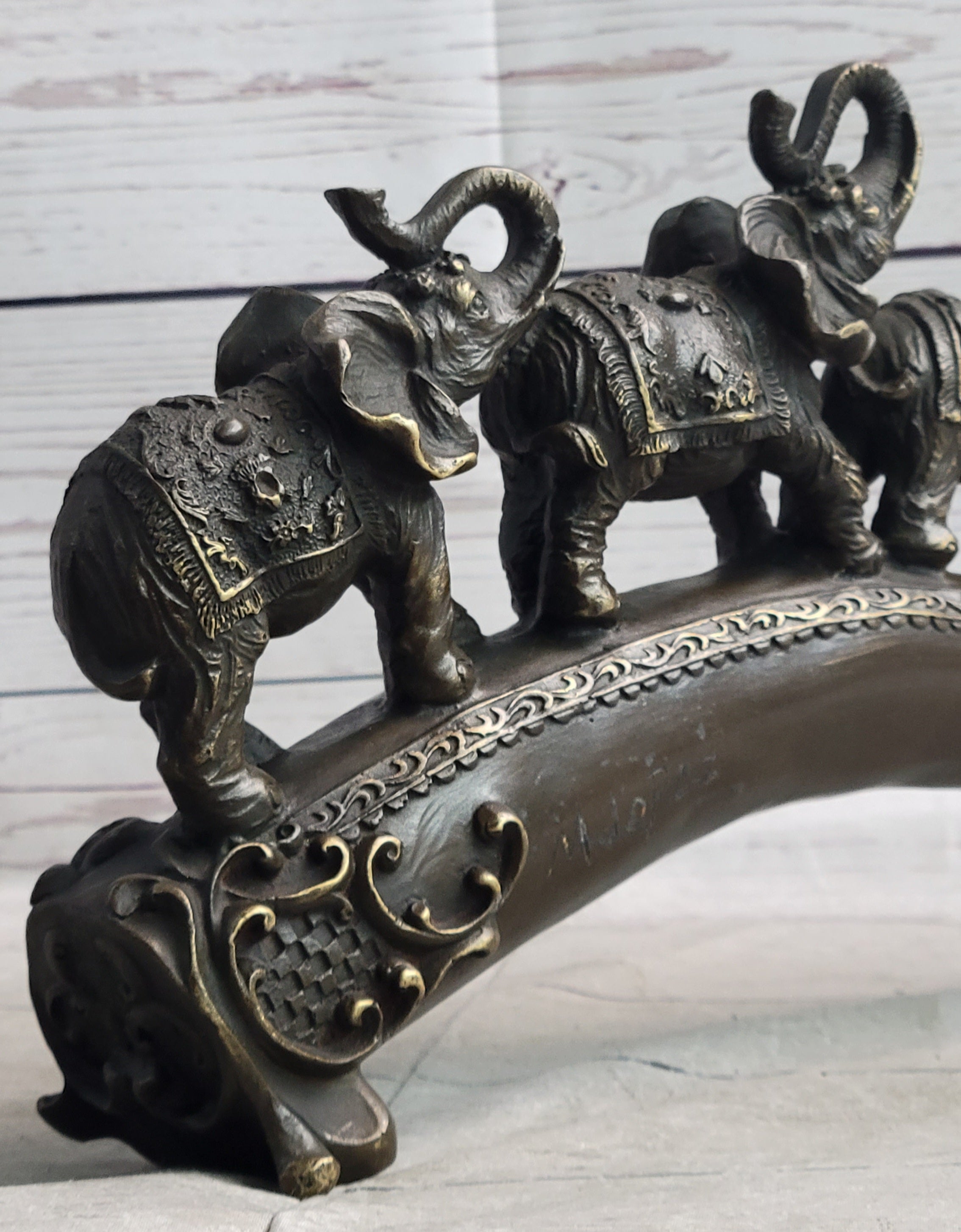 Pride of Elephants on Bridge Bronze Metal Sculpture