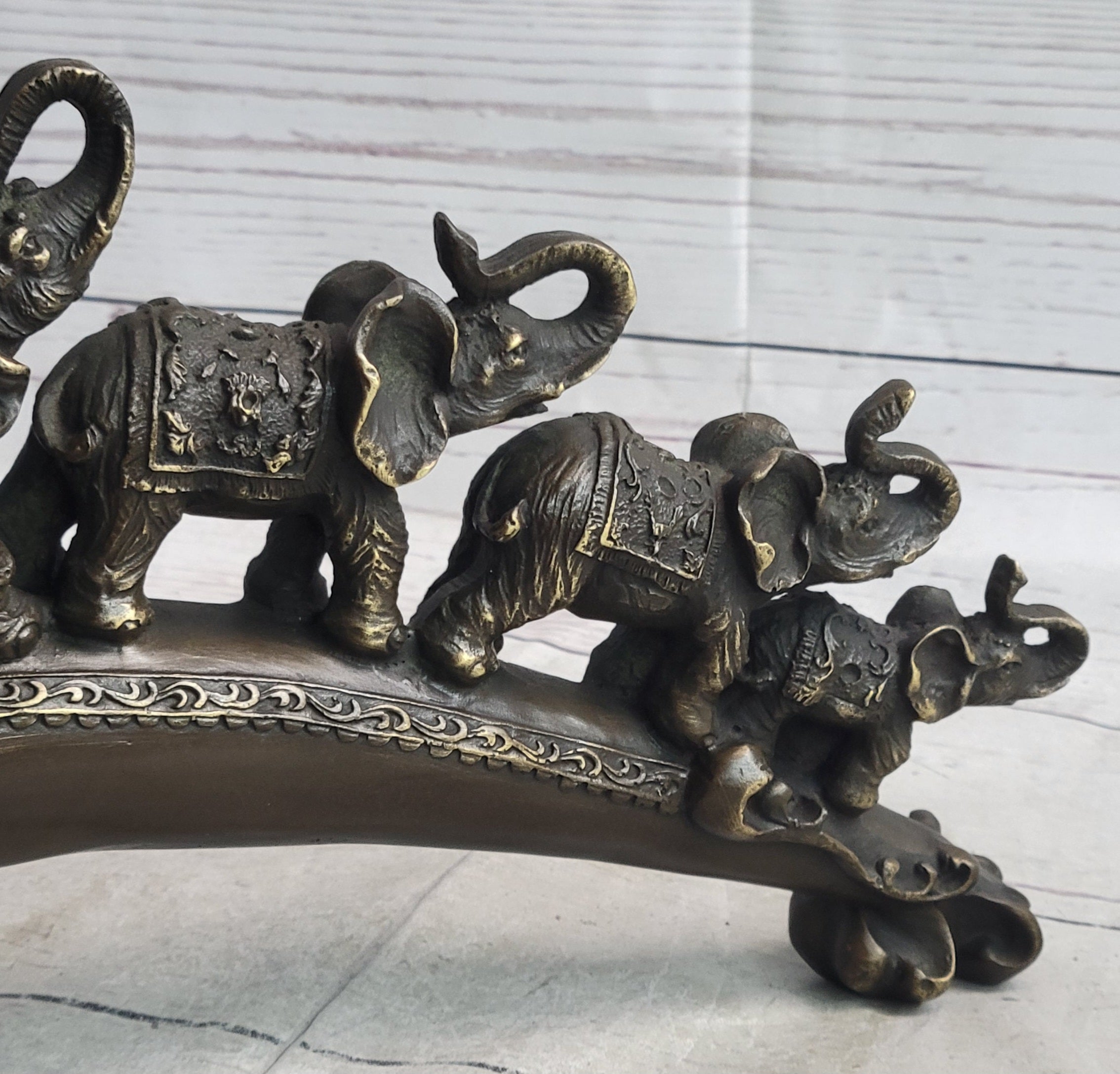 Pride of Elephants on Bridge Bronze Metal Sculpture
