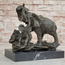 Mother Elephant & Calf Bronze Sculpture on Marble Base Barye