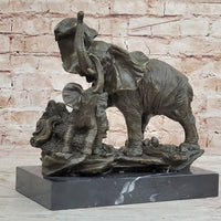 Mother Elephant & Calf Bronze Sculpture on Marble Base Barye
