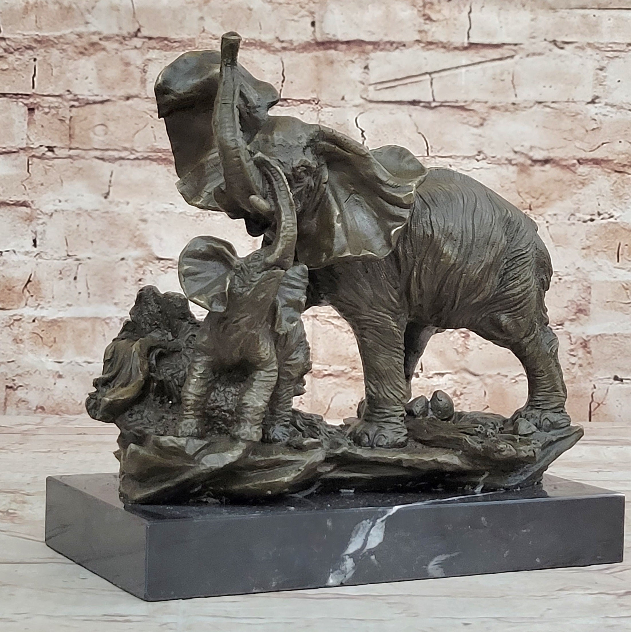 Mother Elephant & Calf Bronze Sculpture on Marble Base Barye