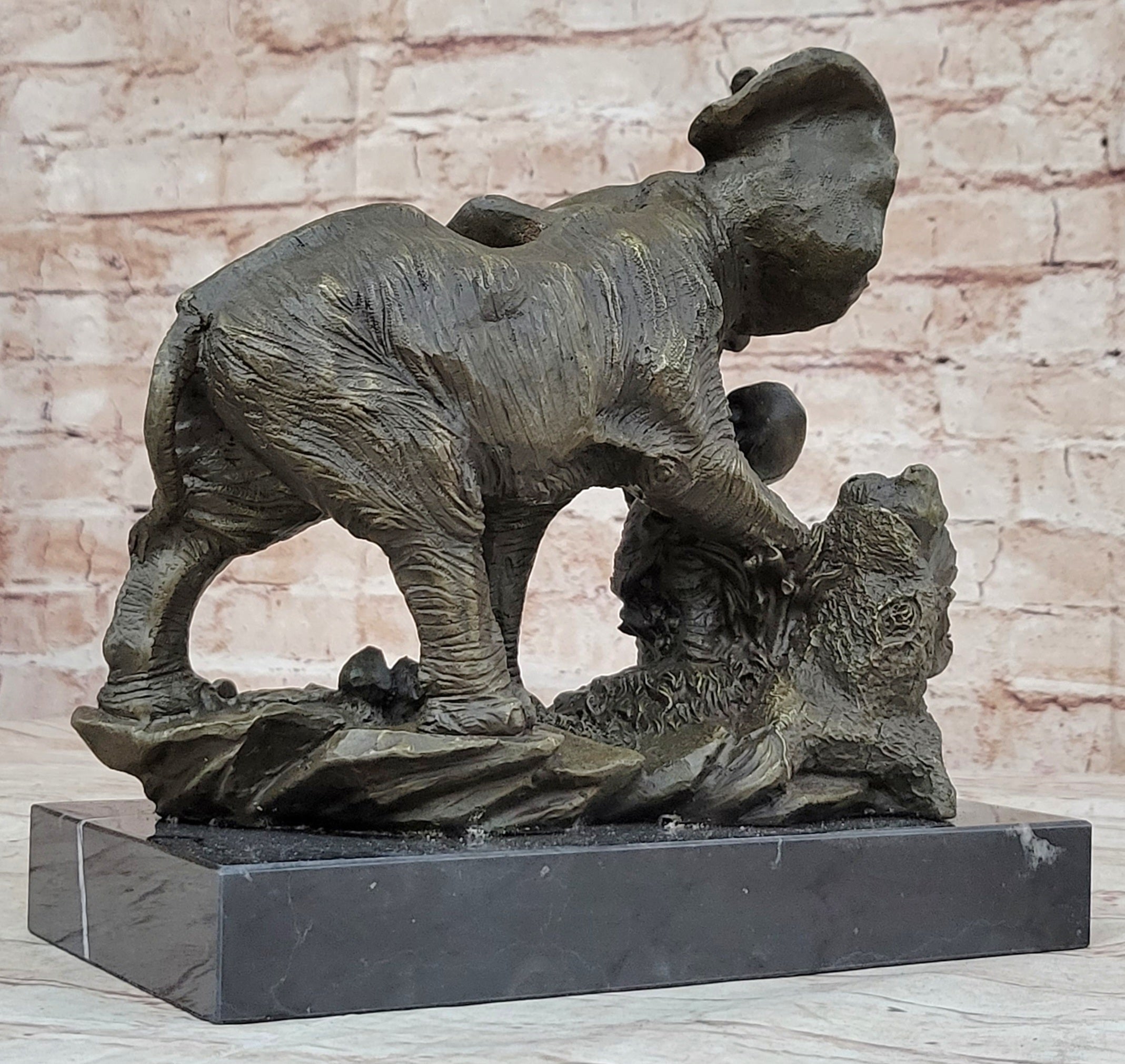 Mother Elephant & Calf Bronze Sculpture on Marble Base Barye