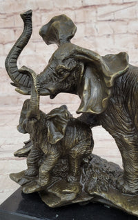Mother Elephant & Calf Bronze Sculpture on Marble Base Barye