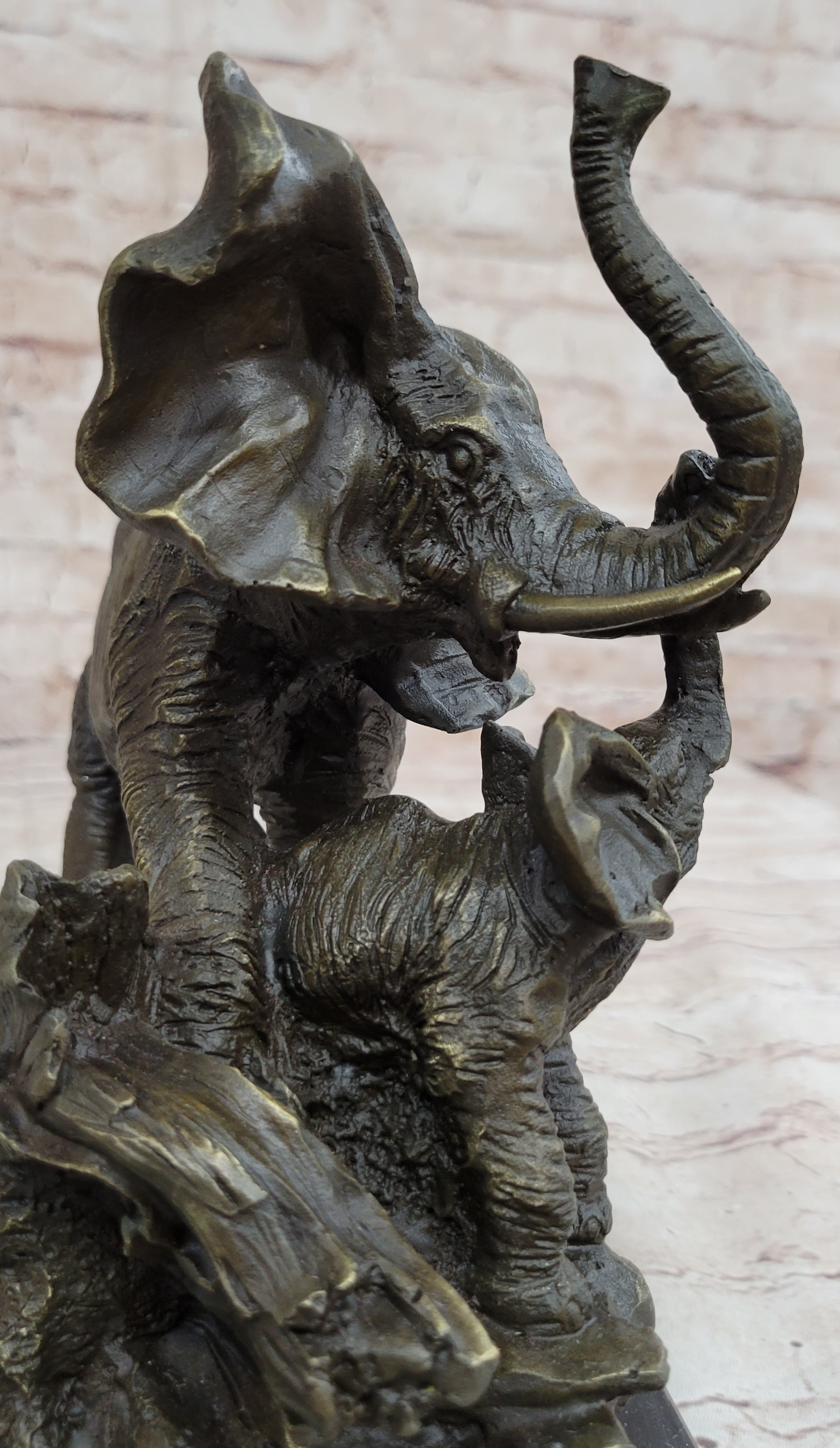 Mother Elephant & Calf Bronze Sculpture on Marble Base Barye