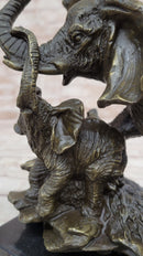 Mother Elephant & Calf Bronze Sculpture on Marble Base Barye